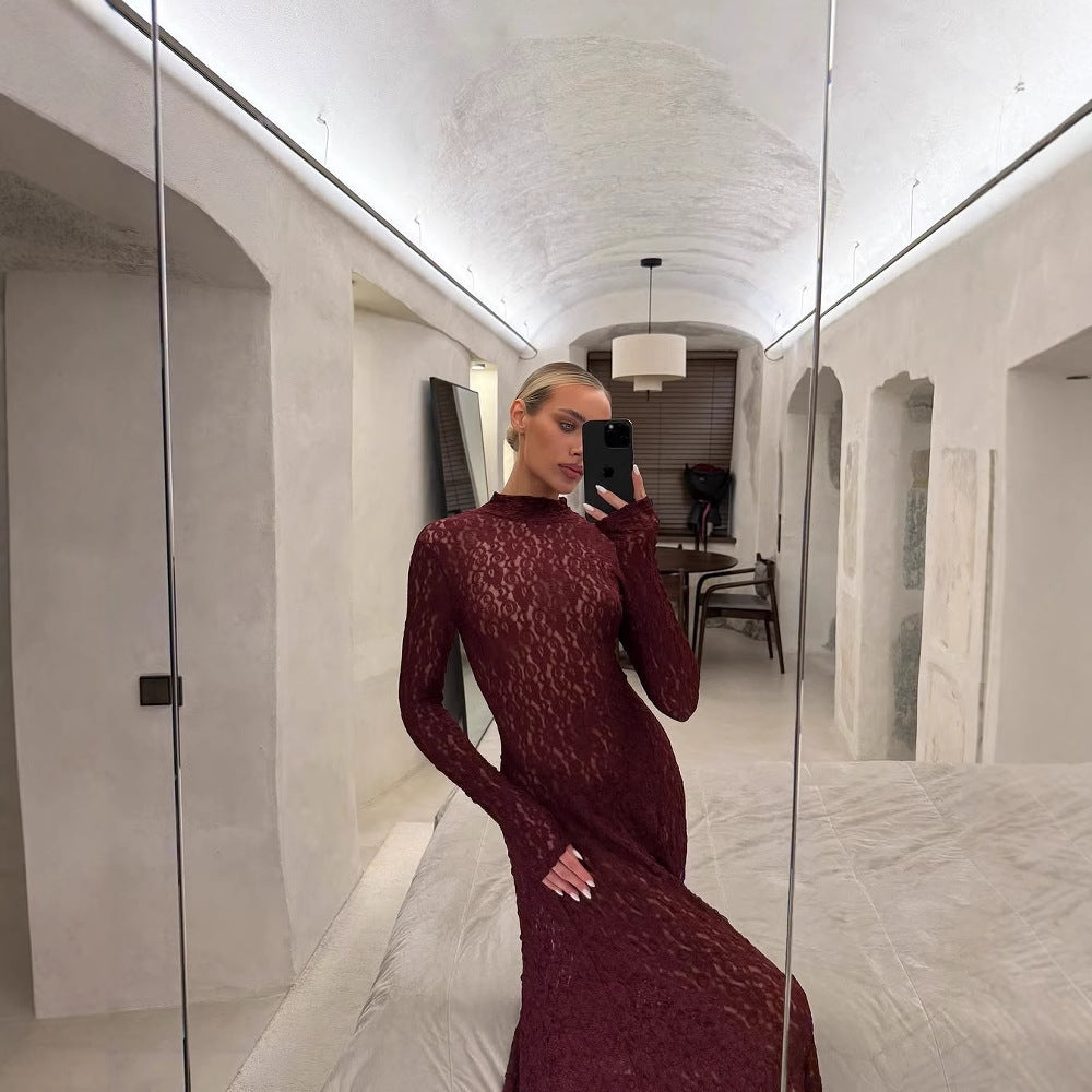 Damen Maxikleid aus feiner Spitze mit langem Arm und hochgeschlossenem Design R&B