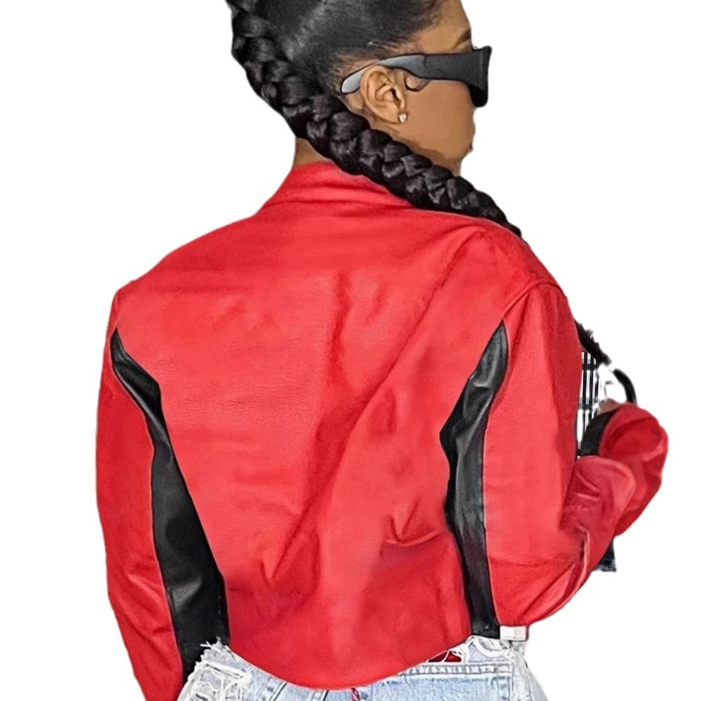 Damen cropped Kunstlederjacke mit kontrastierenden Farbdetails R&B