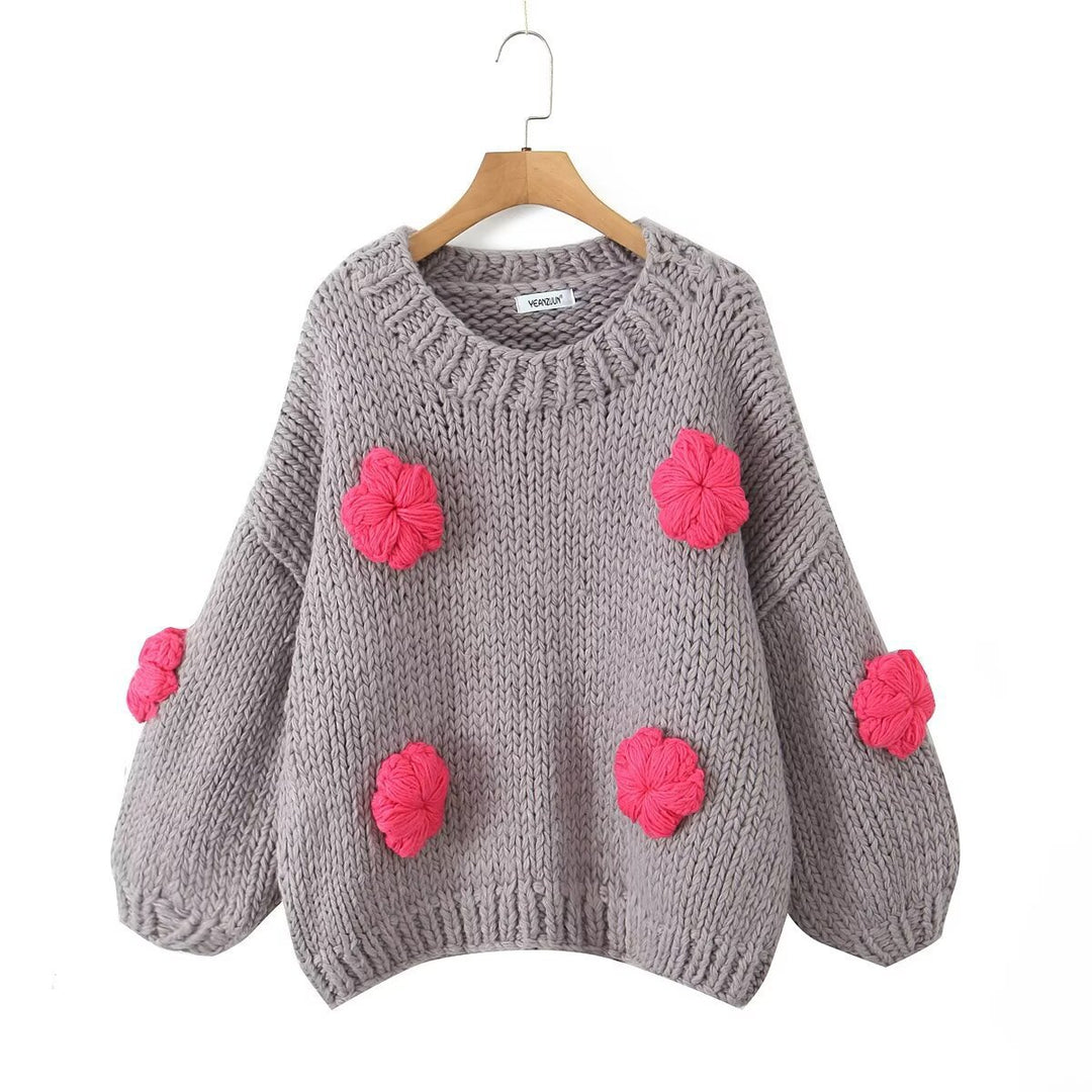 Damen gepunkteter Strickpullover mit voluminösen Ärmeln und floralem Design R&B