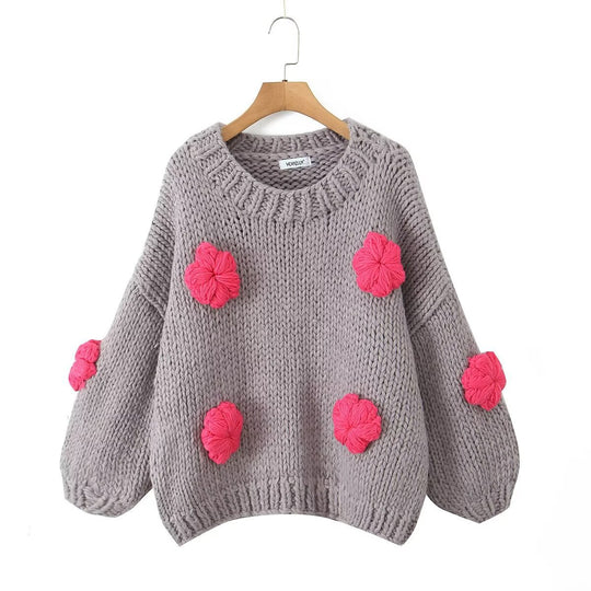 Damen gepunkteter Strickpullover mit voluminösen Ärmeln und floralem Design R&B