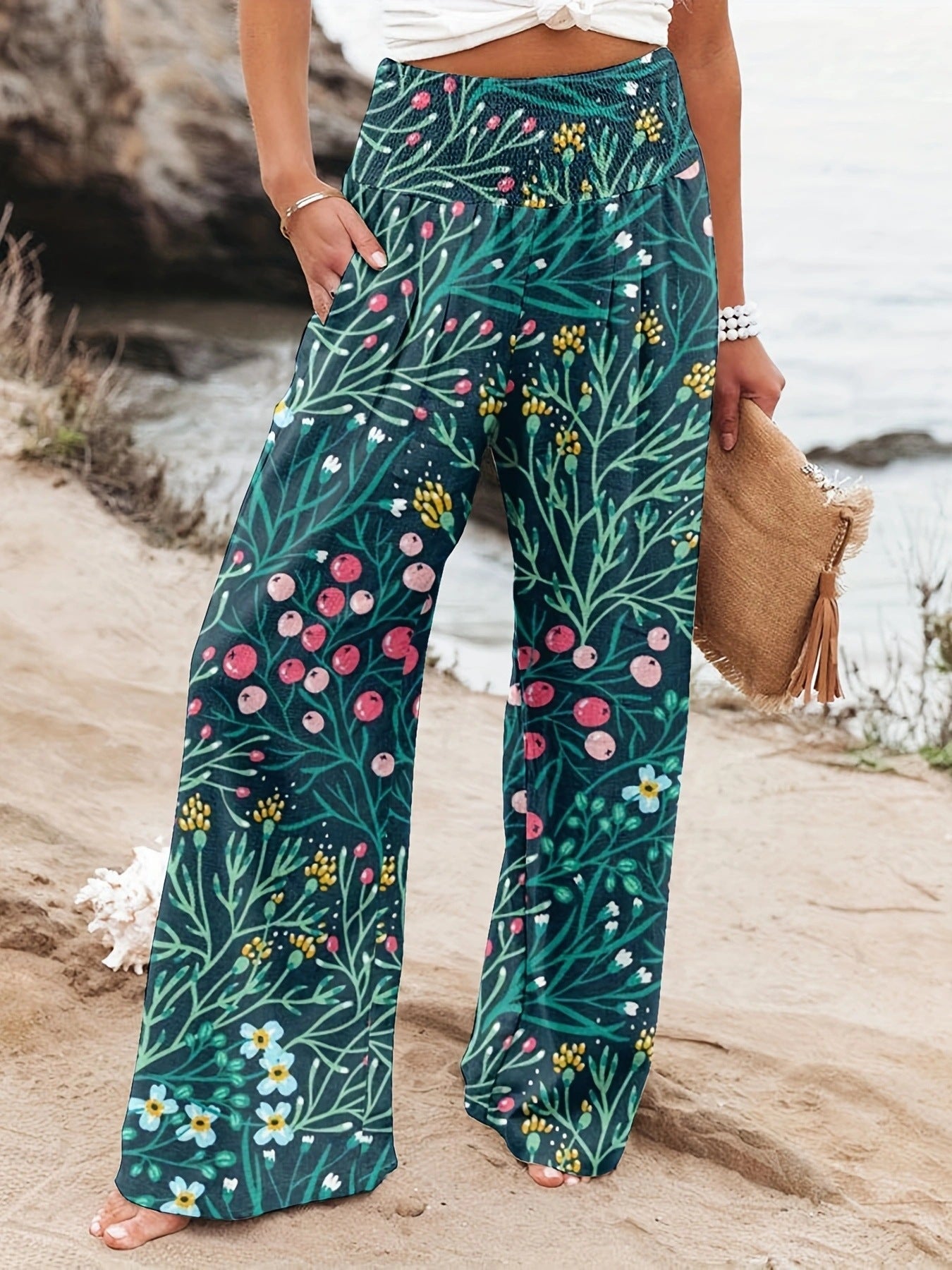 Damen Weit geschnittene Strandhose mit floralem Motiven und elastischem Bund R&B