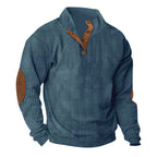 Herren nan gerippter Baumwollmix-Pullover mit Stehkragen, Knopfleiste und Lederoptik-Ellenbogenpatches R&B