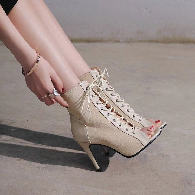 Damen Offene Zehen-Stiefeletten mit elegantem Schnürdesign und hohem Absatz R&B