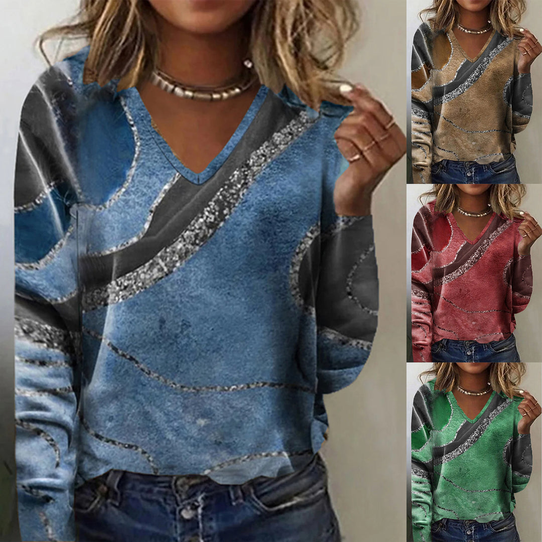 Damen V-Ausschnitt Langarmshirt mit modernem Wellendesign R&B