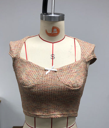 Damen Kurzarm-Crop-Top mit femininem Rückenausschnitt und dekorativem Bogen R&B
