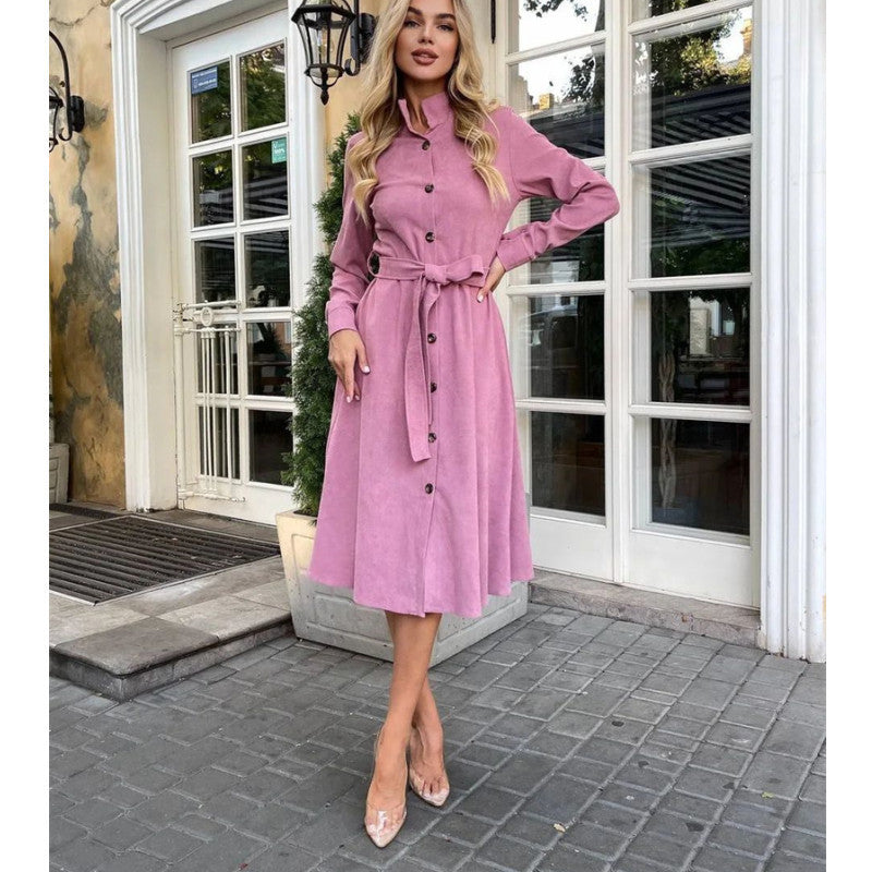 Damen Midi-Kleid mit Knopfleiste und Taillengürtel R&B