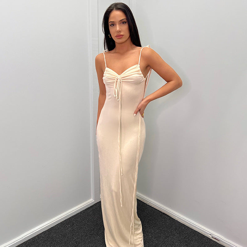 Damen Elegantes Maxikleid mit verstellbaren Spaghetti-Trägern und raffiniertem Kordelzug R&B
