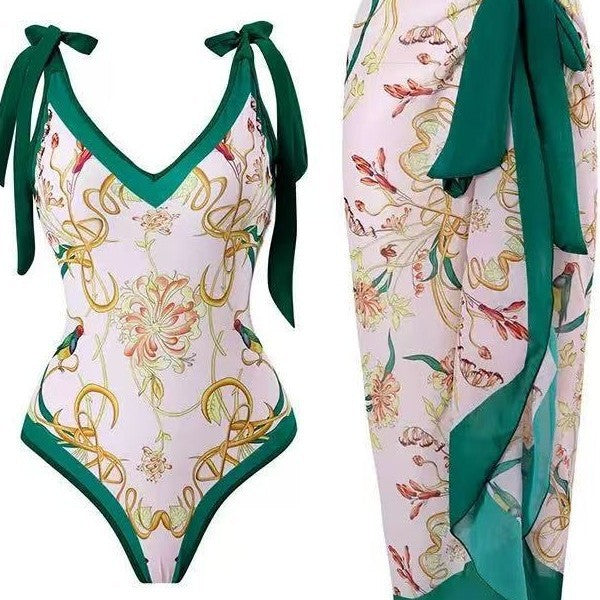 Damen Badeanzug mit floralem Design und transparentem Wickelrock R&B