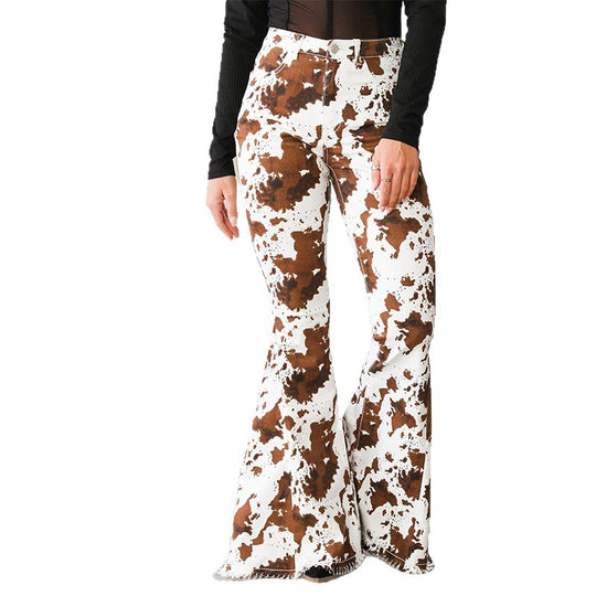 Damen Flared Jeans mit auffälligem Kuhflecken-Muster R&B