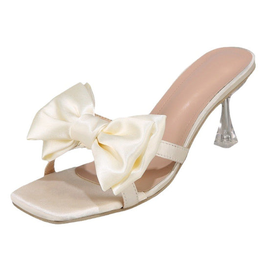 Damen High Heel Pantoletten mit eleganter Schleifen-Applikation und glitzerndem Absatz R&B