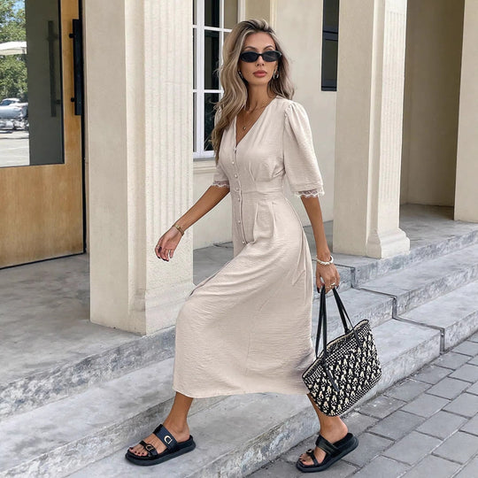 Damen Midi-Kleid mit Knopfdetails und femininen Puffärmeln R&B