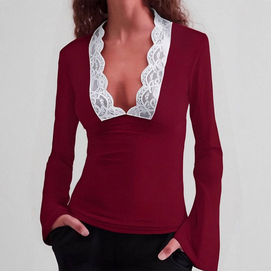 Damen Elegantes Langarm-Top mit Spitzenkragen R&B