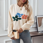 Damen lässiger Pullover mit floralen Motiven und Rundkragen