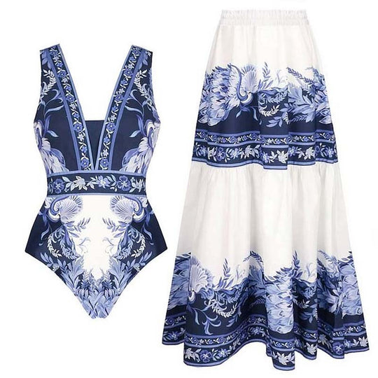 Damen Einteiler Badeanzug mit floralem Design und V-Ausschnitt R&B