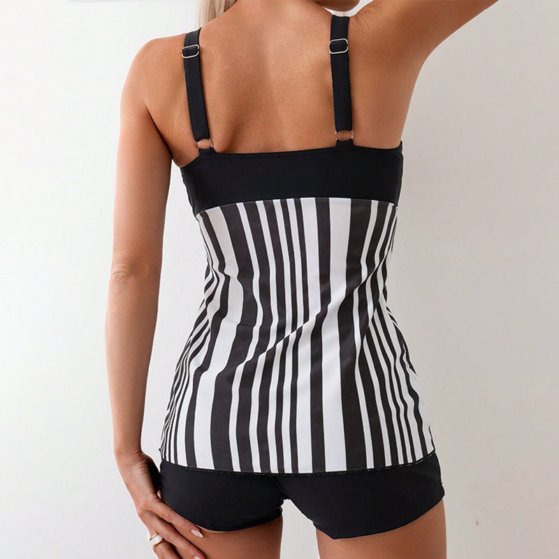 Damen Tankini-Set mit modernem Streifenmuster und figurumspielendem Oberteil R&B