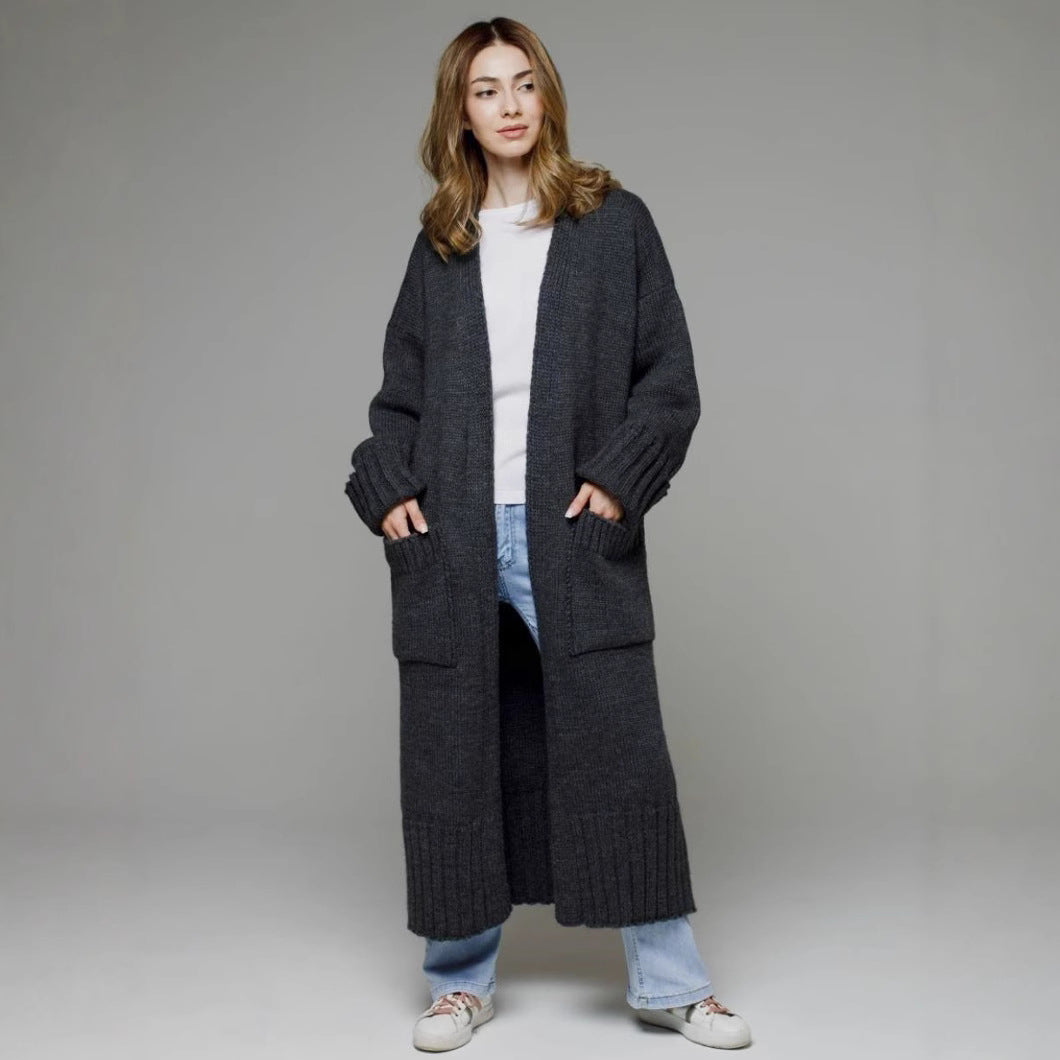 Damen Langer Strickmantel mit praktischen Taschen und strukturiertem Design R&B