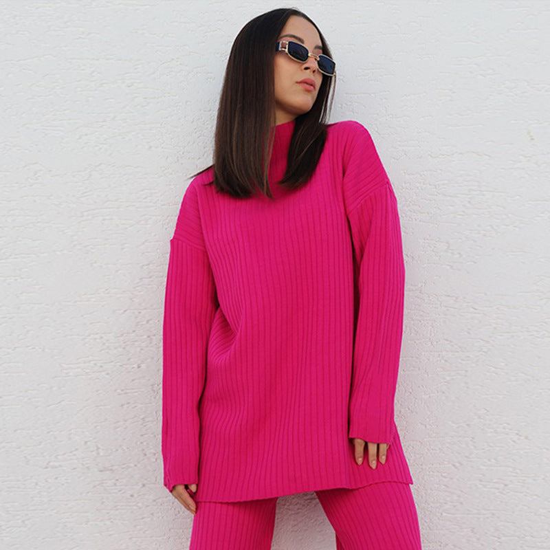 Damen Langarm Strickpullover mit Stehkragen und Rippenstruktur R&B