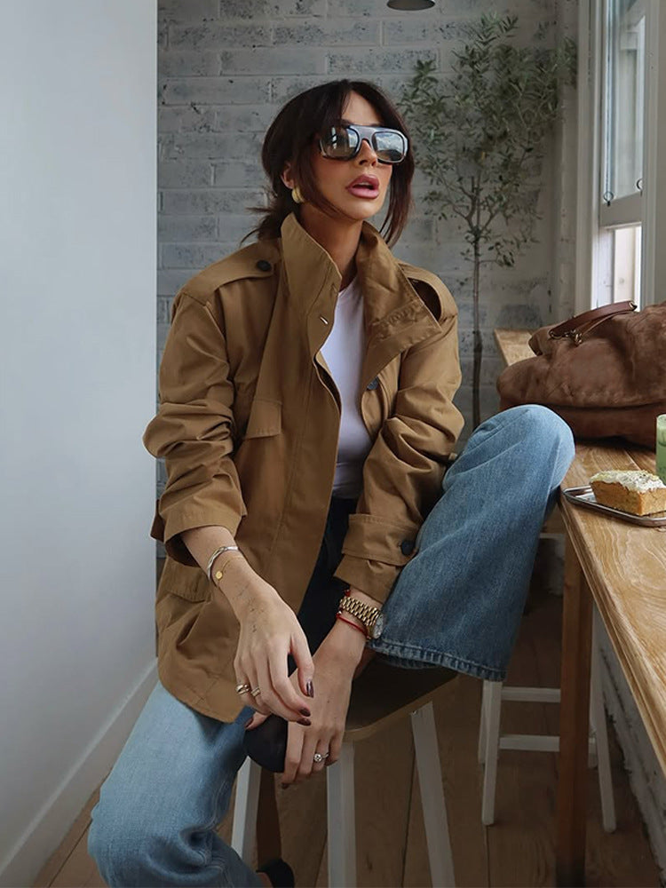 Damen Utility-Jacke mit hohem Kragen und praktischen Taschen R&B