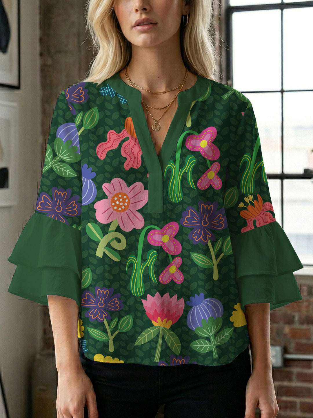 Damen Bluse mit voluminösen Ärmeln und floralem Design R&B