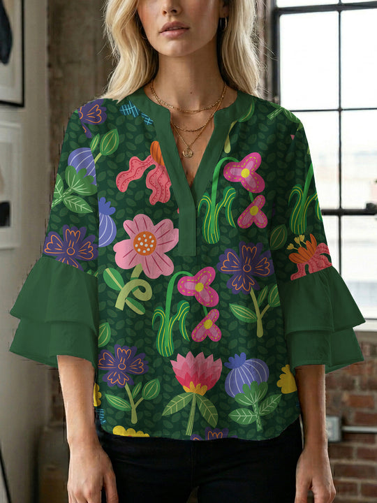 Damen Bluse mit voluminösen Ärmeln und floralem Design R&B