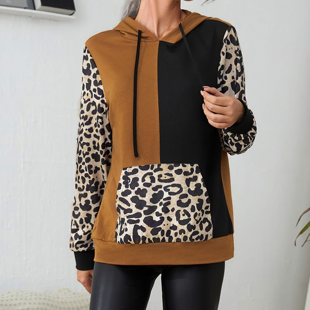 Damen Kapuzenpullover mit auffälligem Leopardenmuster und Farbblockdesign R&B