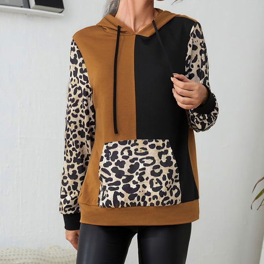 Damen Kapuzenpullover mit auffälligem Leopardenmuster und Farbblockdesign R&B