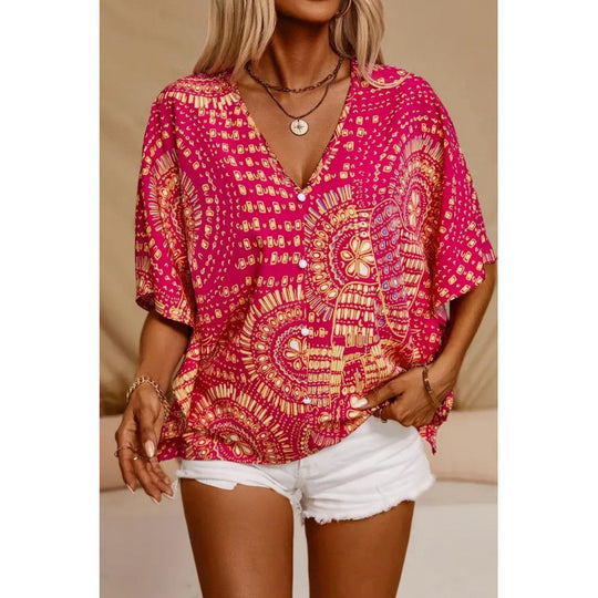 Damen Strandbluse im lässigen Boho-Stil mit bunten Mustern und voluminösen Ärmeln R&B