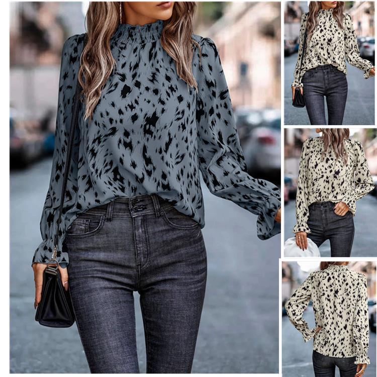 Damen elegantes Blusenshirt mit Rüschenkragen und tierischem Muster R&B