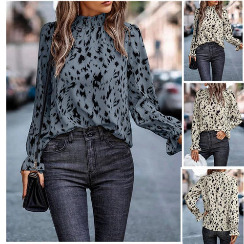 Damen elegantes Blusenshirt mit Rüschenkragen und tierischem Muster R&B