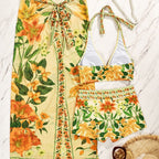 Damen Bikiniset mit floralem langen Überwurf