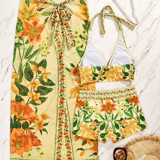 Damen Bikiniset mit floralem langen Überwurf R&B