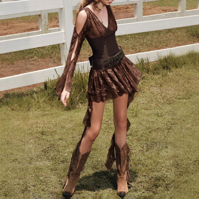 Damen elegantes Wickelkleid mit transparenten Spitzenärmel R&B