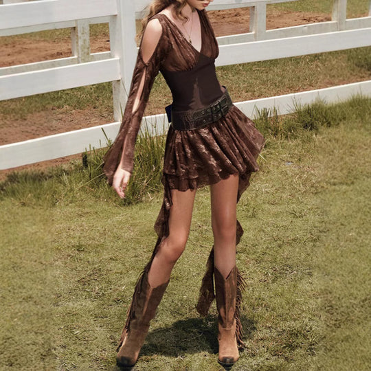 Damen elegantes Wickelkleid mit transparenten Spitzenärmel R&B