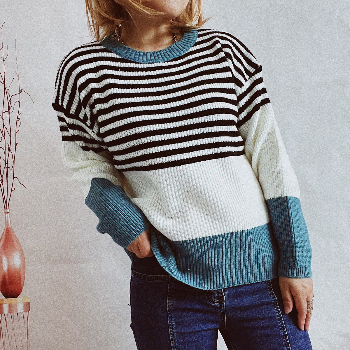 Damen trendy gestreifter Pullover mit modernen Akzenten und komfortablem Schnitt R&B