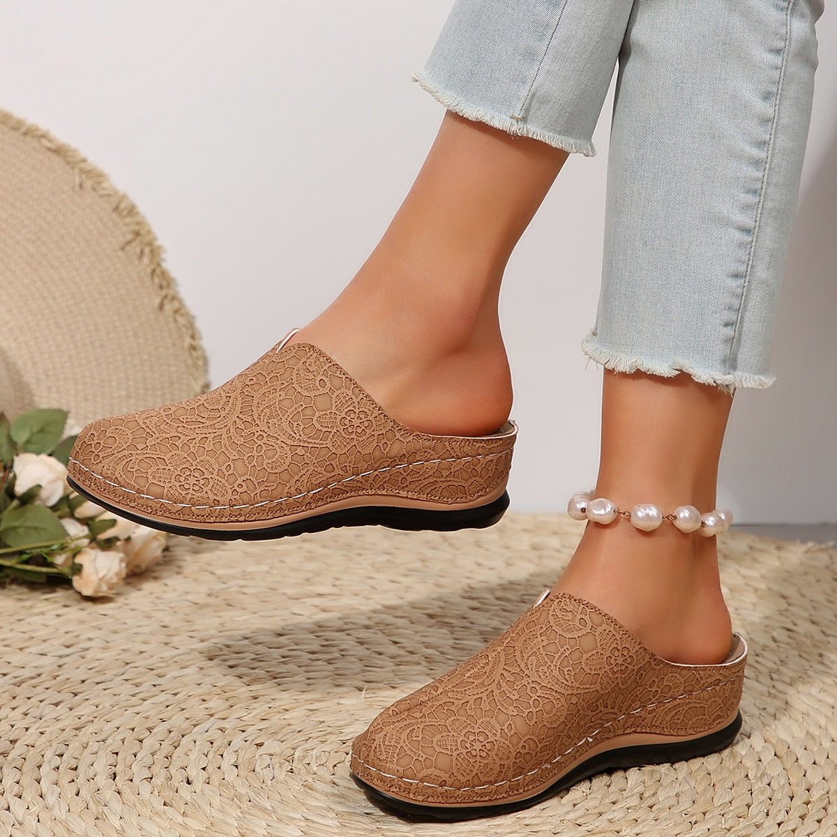 Damen Clogs mit floralen Spitzen und rutschfester Sohle R&B