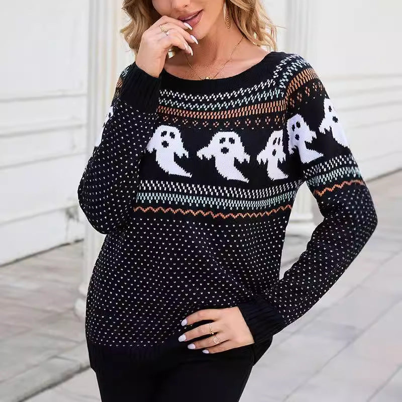 Damen Pullover mit gruseligem Geistermuster und lässigem Schnitt R&B