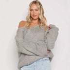 Damen oversized Strickpullover mit offenen Schultern und voluminösen Ärmeln R&B