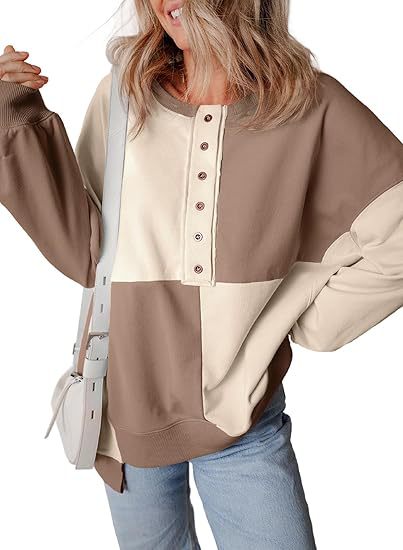 Damen lässiger Kapuzenpullover mit Knopfdetails und Farbblockdesign R&B