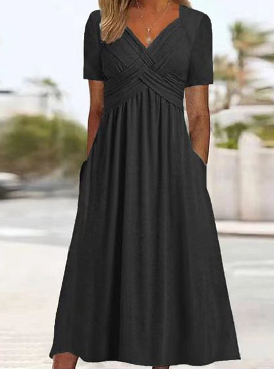 Damen nan fließendes Maxikleid mit gekreuzter Passe V-Ausschnitt Kurzarm und Eingrifftaschen R&B