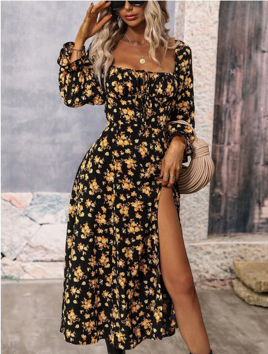 Damen Maxikleid mit tiefem Ausschnitt und Rüschenärmeln R&B