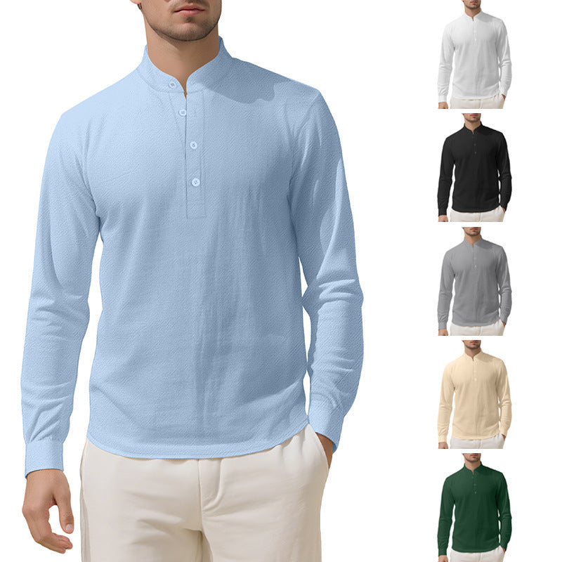 Herren Elegantes Langarmhemd mit Stehkragen und Knopfleiste R&B