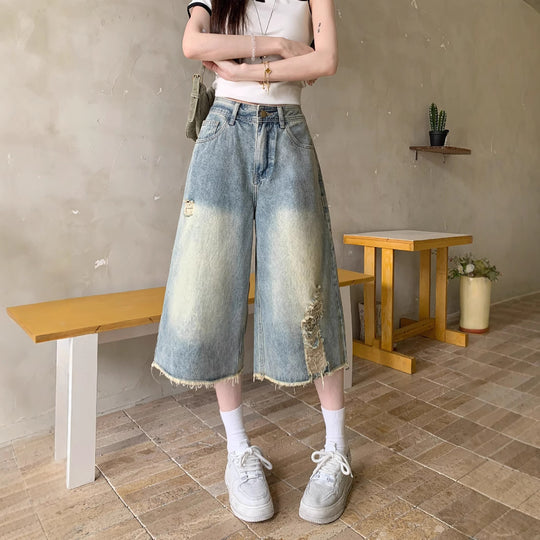 Damen Weite Denim-Culotte mit modischen Rissdetails und lässigem Schnitt R&B