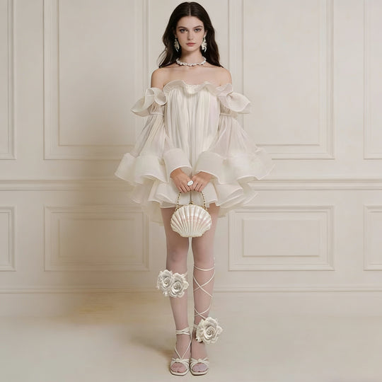 Damen Verspielt-romantisches Minikleid mit Volants und schulterfreiem Design R&B