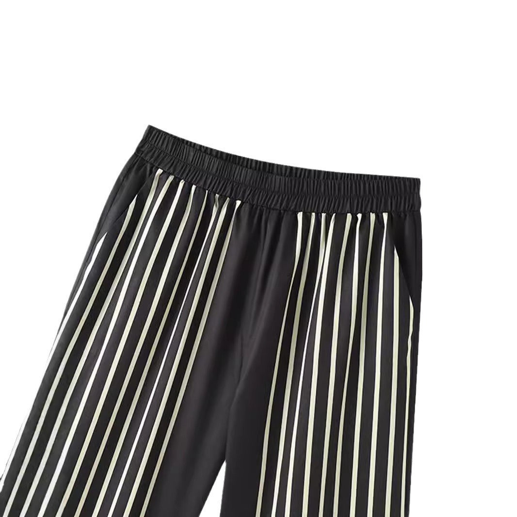 Damen nan gestreiftes Lounge-Zweiteiler mit Stehkragen knöpfbarer Hemdjacke und gerader Pyjamahose R&B