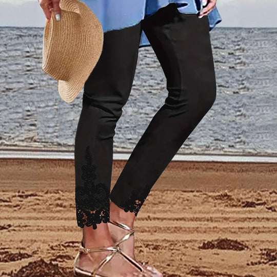 Damen Leggings mit spitzenbesetztem Saum und elastischem Bund R&B