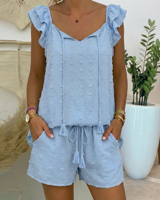 Damen luftiges Freizeit-Set mit Rüschen und Kordelzug R&B