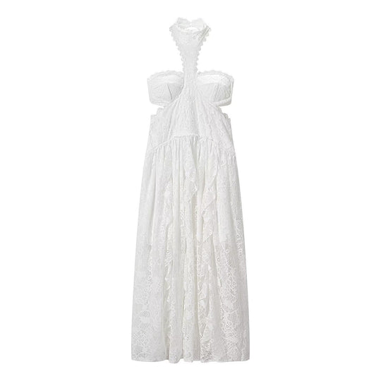 Damen Spitzenmaxikleid mit raffinierten Rüschendetails und elegantem Halterneck R&B