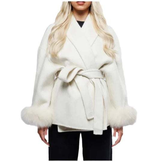 Damen Elegante Wickeljacke mit Teddyfellärmeln R&B