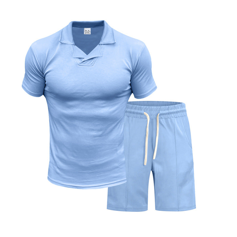 Herren nan kurzärmeliges Polo-Lounge-Set mit V-Einsatz am Kragen und Kordelzug-Bermuda R&B