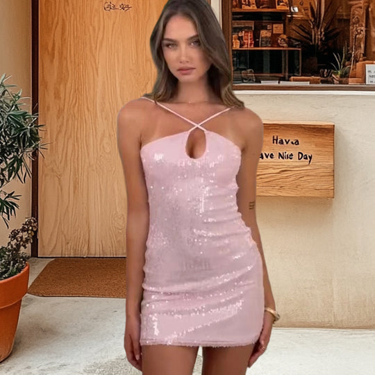 Damen Glitzerndes Minikleid mit eleganter Trägergestaltung und tiefem Ausschnitt R&B